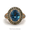 Oval Cut Blue Topaz Le Vian Designer Ring with Chocolate & White Diamond Halo in 14k Rose Gold - Thumbnail 1
