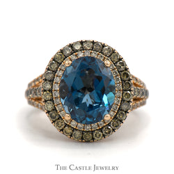 Oval Cut Blue Topaz Le Vian Designer Ring with Chocolate & White Diamond Halo in 14k Rose Gold