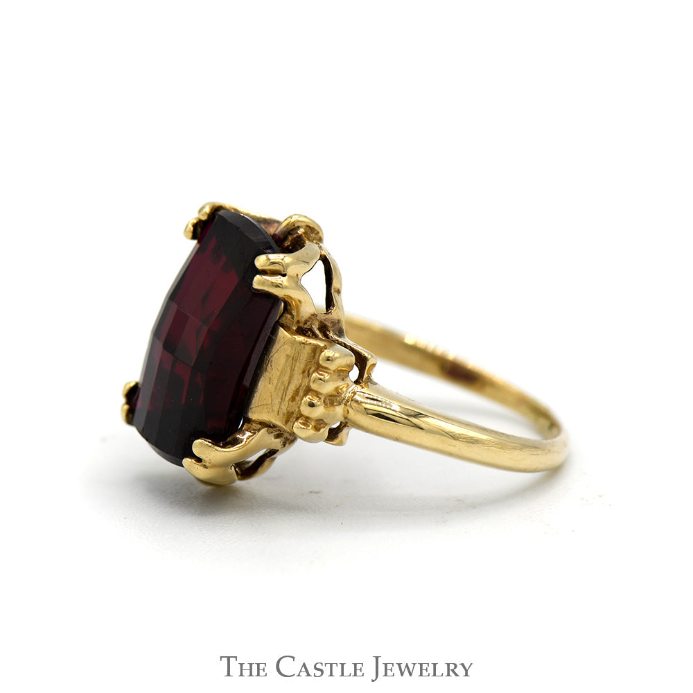 Fancy Rectangular Cut Garnet Ring with Beaded Detail in 10k Yellow Gold