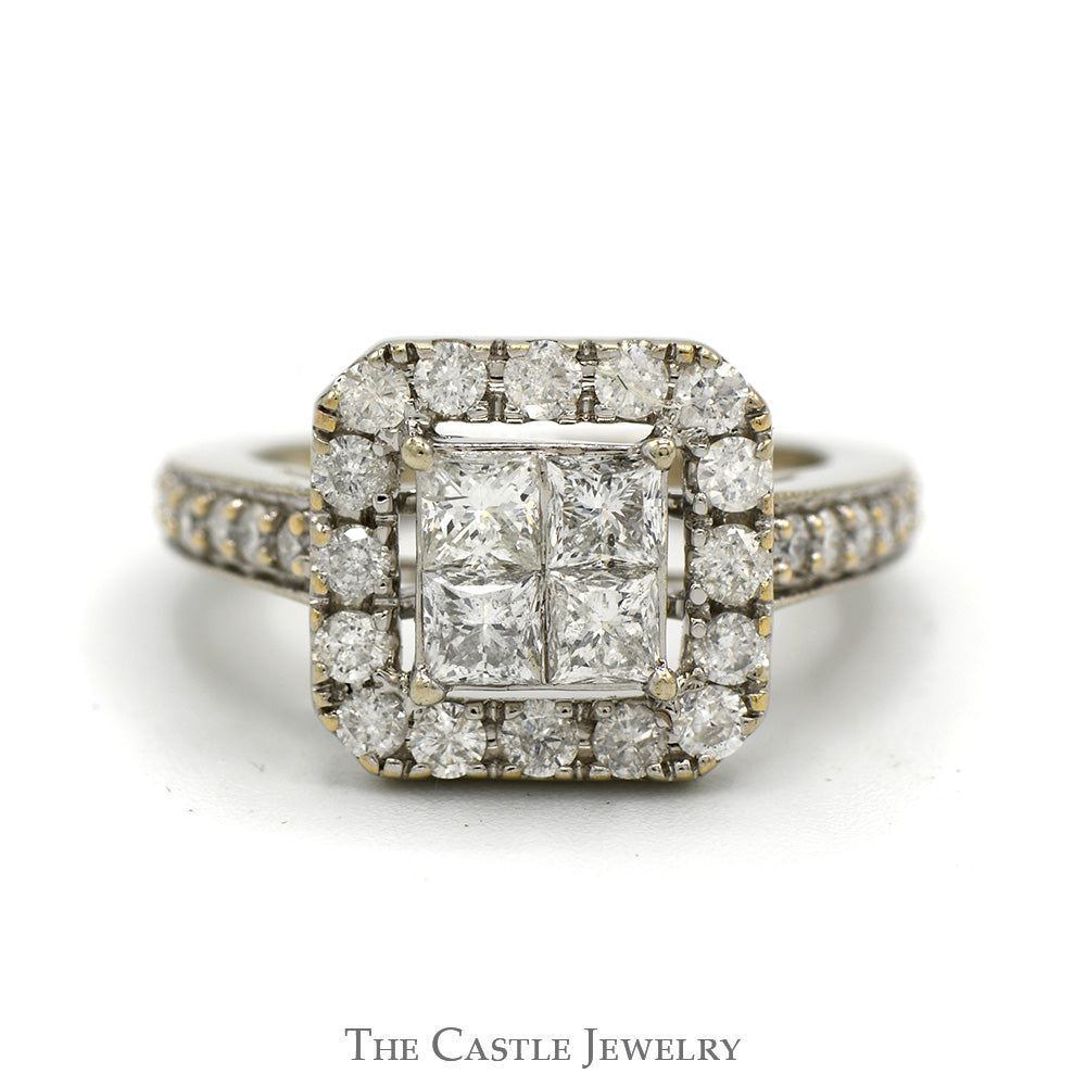 1.33cttw Invisi-set Princess Cut Diamond Cluster Engagement Ring with Diamond Halo and Accented Sides in 10k White Gold