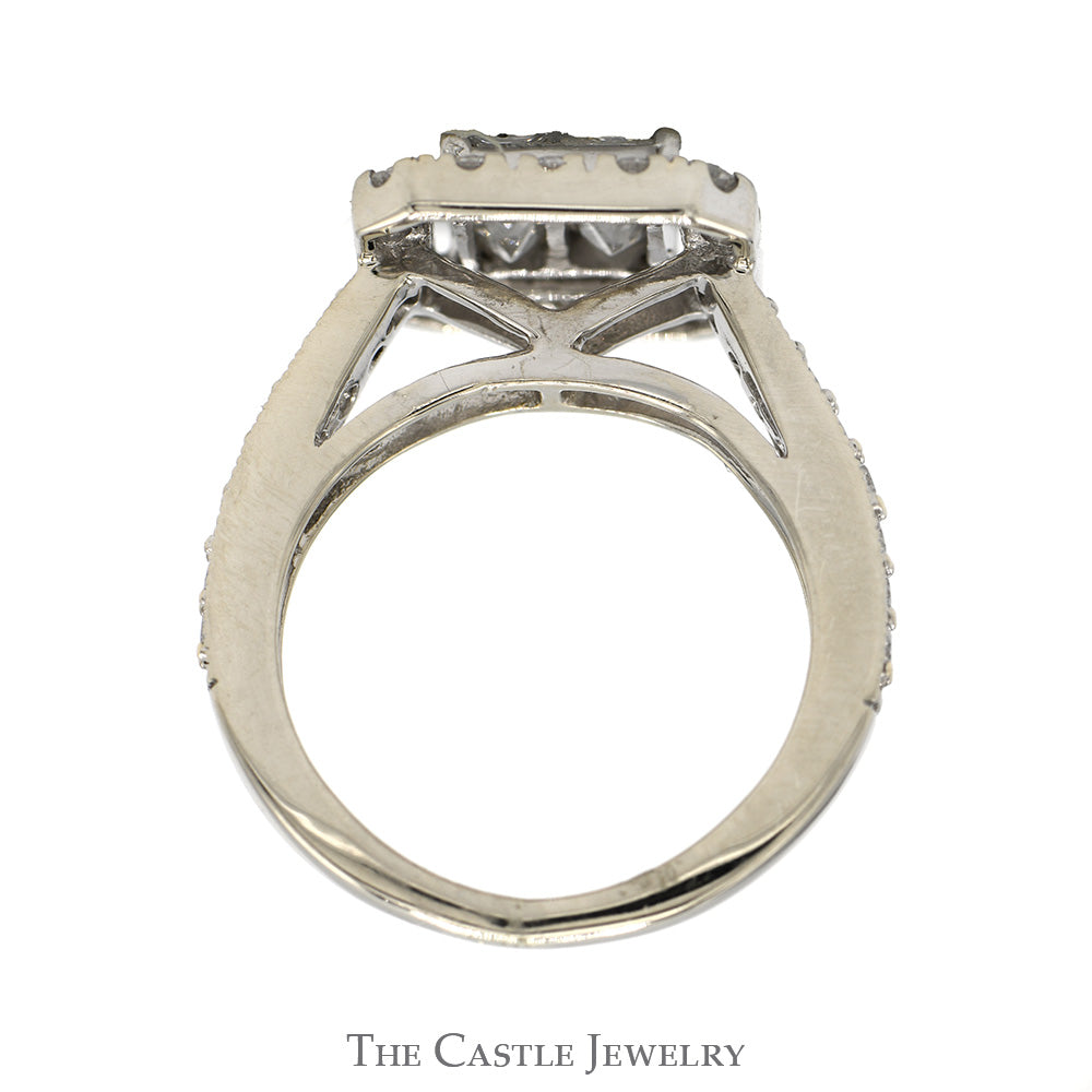 1.33cttw Invisi-set Princess Cut Diamond Cluster Engagement Ring with Diamond Halo and Accented Sides in 10k White Gold