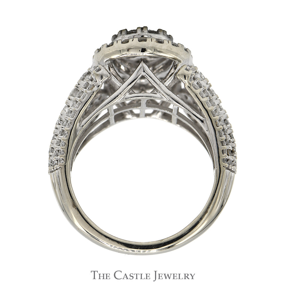 2cttw Pear Shaped Diamond Cluster Ring with Diamond Halo and Accented Sides in 10k White Gold