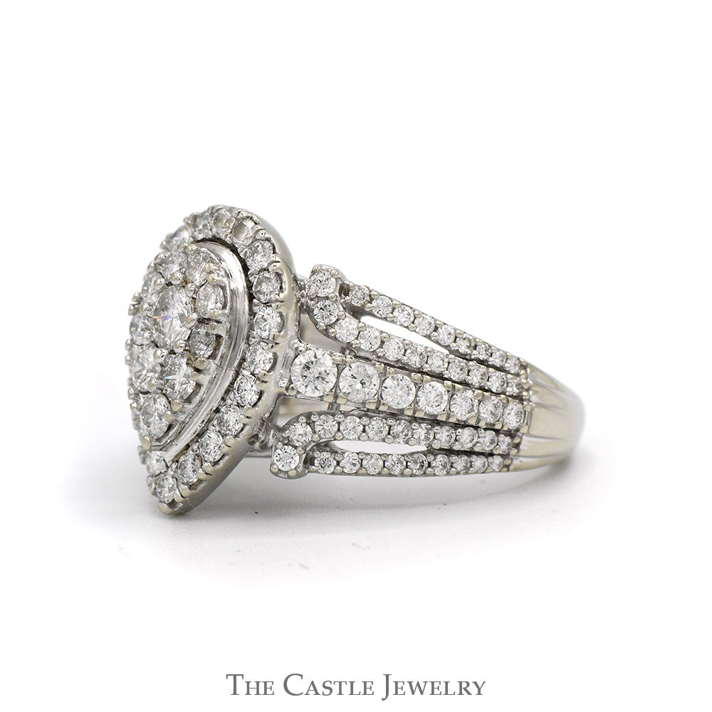 2cttw Pear Shaped Diamond Cluster Ring with Diamond Halo and Accented Sides in 10k White Gold