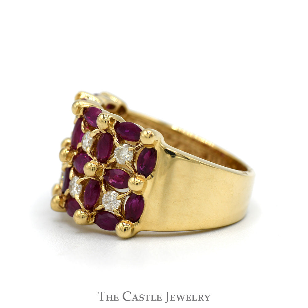 Marquise Ruby & Round Diamond Cluster Band in 14k Yellow Gold