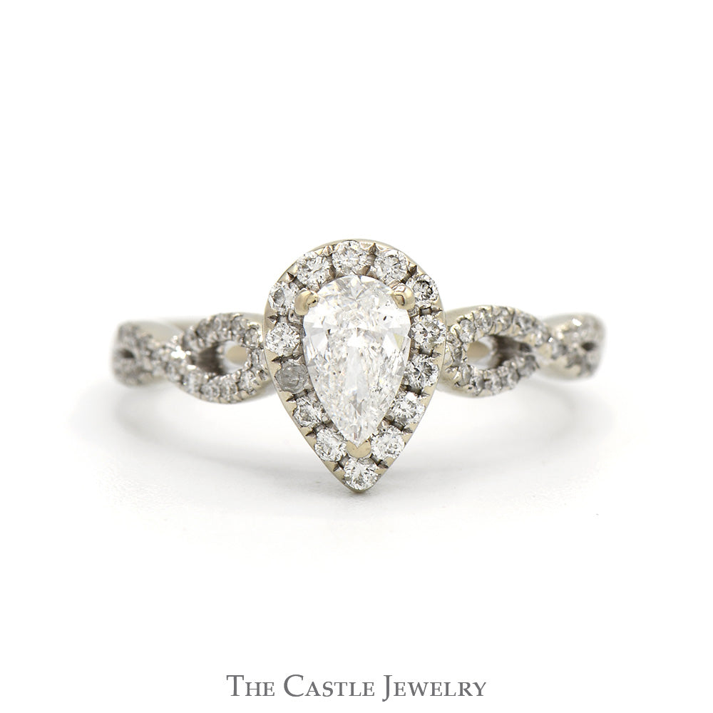 Pear Cut Diamond Engagement Ring with Diamond Halo and Accented Twisted Sides in 14k White Gold