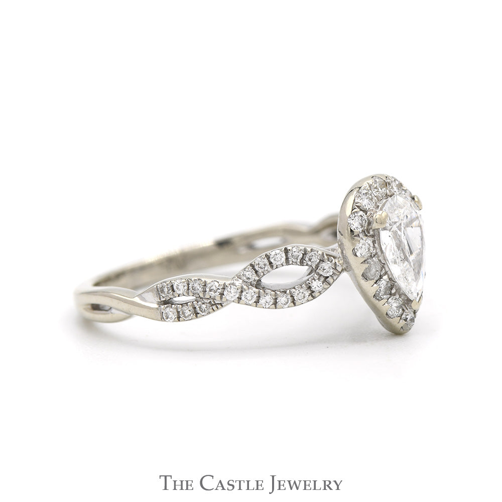 Pear Cut Diamond Engagement Ring with Diamond Halo and Accented Twisted Sides in 14k White Gold