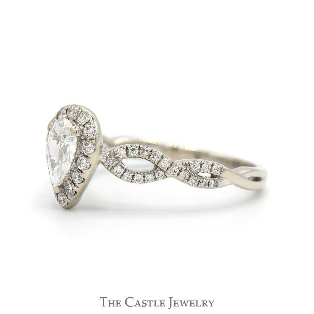 Pear Cut Diamond Engagement Ring with Diamond Halo and Accented Twisted Sides in 14k White Gold