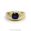 Square Shaped Sapphire Men's Ring with Illusion Set Diamond Accents in 10k Yellow Gold - Thumbnail 1