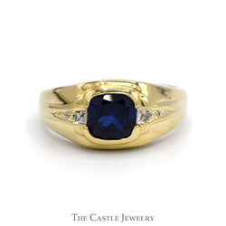 Square Shaped Sapphire Men's Ring with Illusion Set Diamond Accents in 10k Yellow Gold