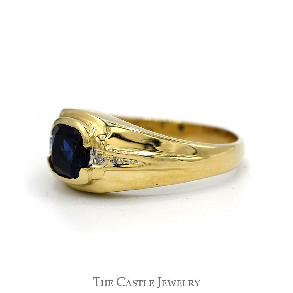 Square Shaped Sapphire Men's Ring with Illusion Set Diamond Accents in 10k Yellow Gold