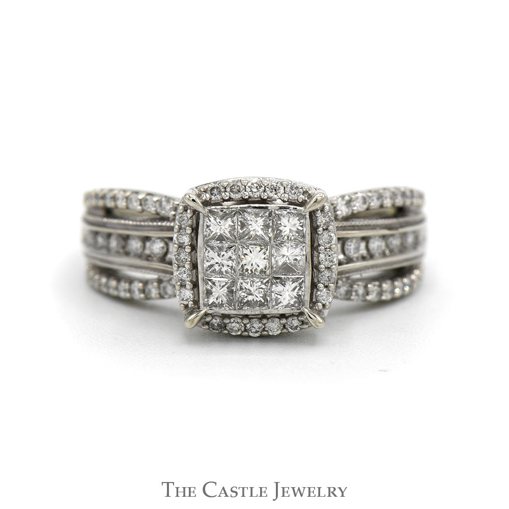 Invisiset Princess Cut Diamond Cluster Ring with Diamond Halo and Accented Split Sides in 10k White Gold