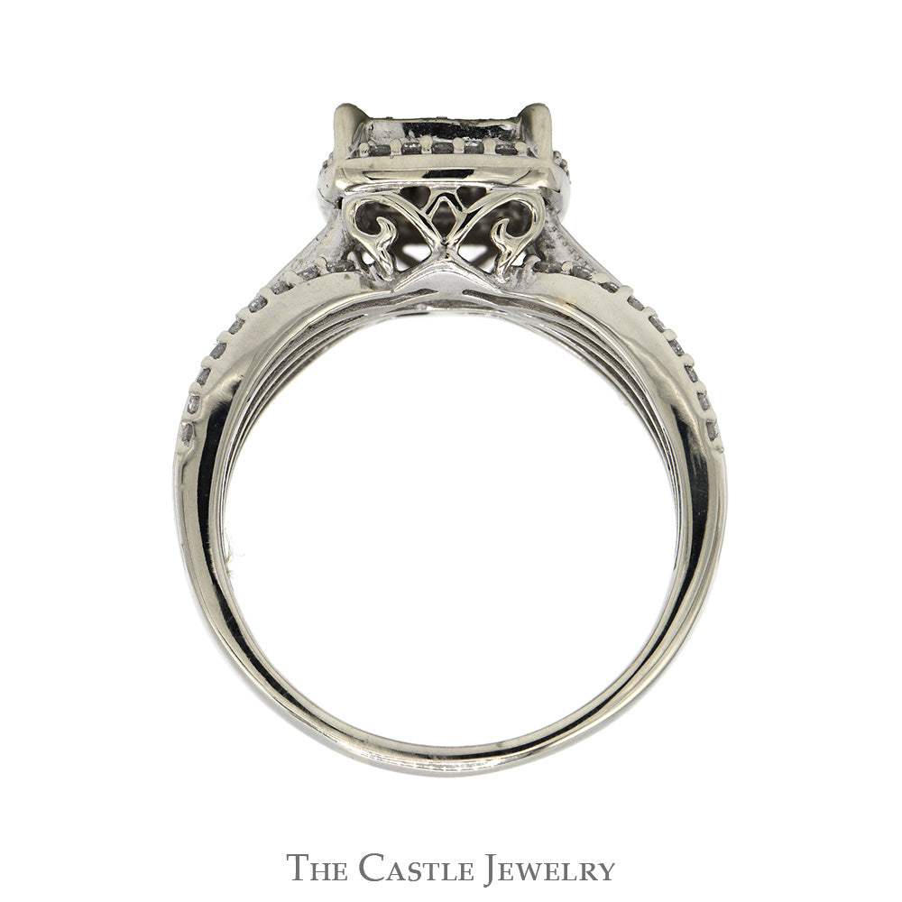 Invisiset Princess Cut Diamond Cluster Ring with Diamond Halo and Accented Split Sides in 10k White Gold