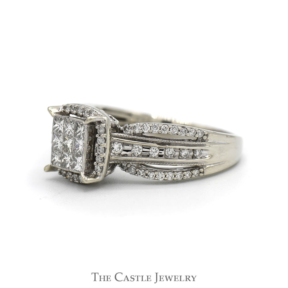 Invisiset Princess Cut Diamond Cluster Ring with Diamond Halo and Accented Split Sides in 10k White Gold