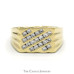 Diagonally Channel Set Diamond Cluster Ring with Ridged Sides in 10k Yellow Gold