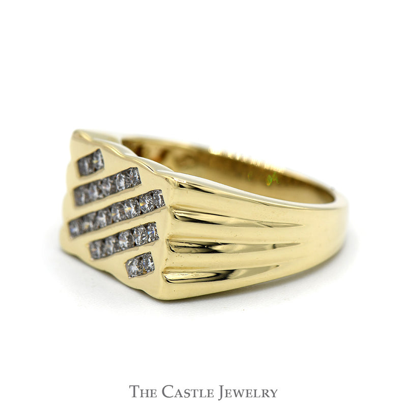 Diagonally Channel Set Diamond Cluster Ring with Ridged Sides in 10k Yellow Gold