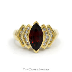 Marquise Shaped Garnet Solitaire Ring with Diamond Accents in 14k Yellow Gold