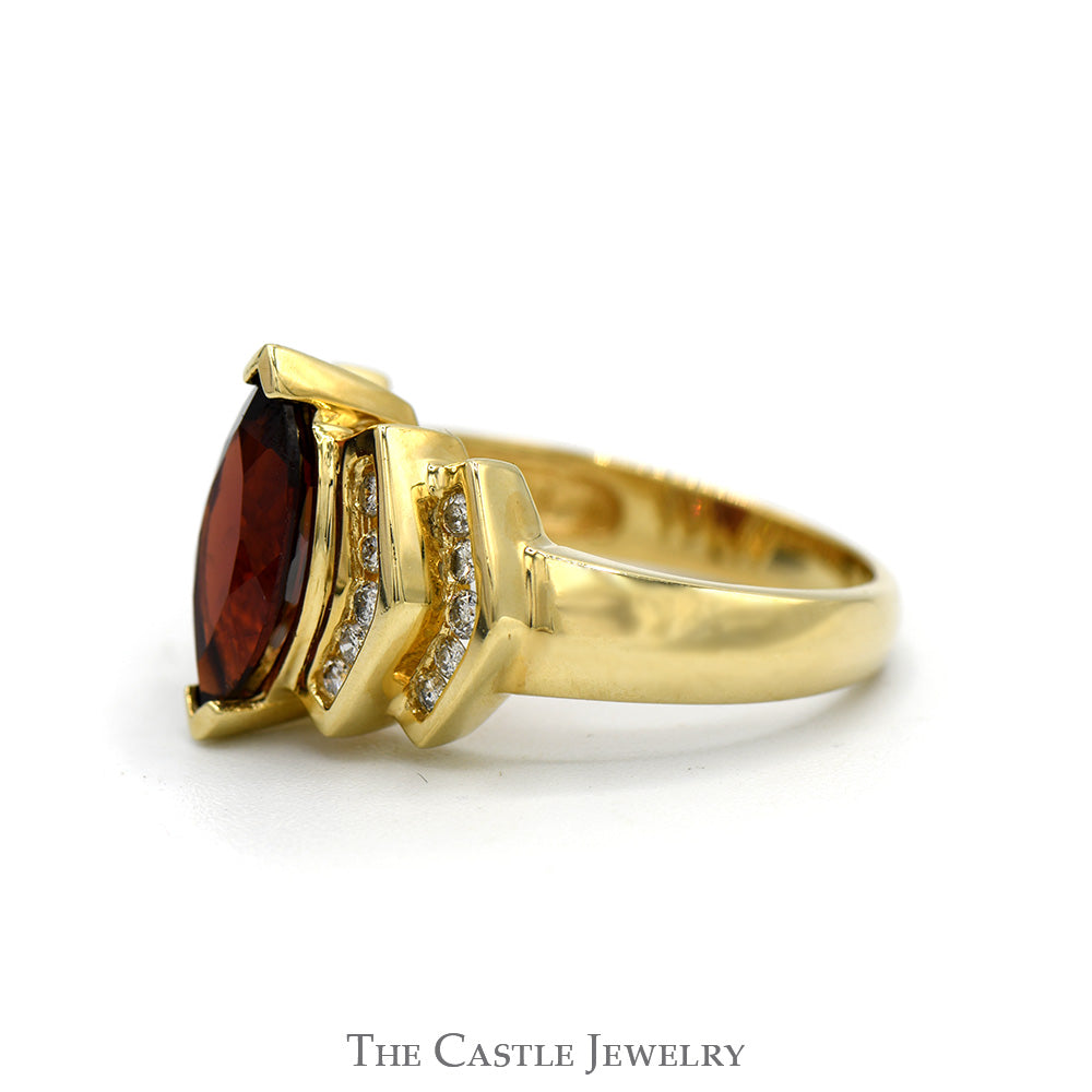 Marquise Shaped Garnet Solitaire Ring with Diamond Accents in 14k Yellow Gold