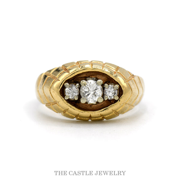 10k yellow gold three stone diamond ring with carved dome mount — top view