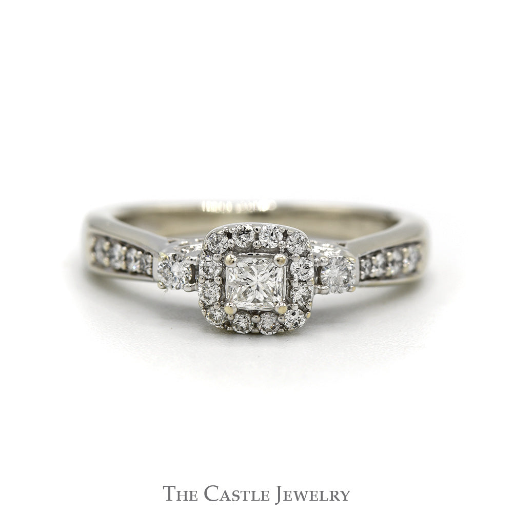 1/2cttw Princess Cut Diamond Engagement Ring with Diamond Halo and Accented Sides in 14k White Gold