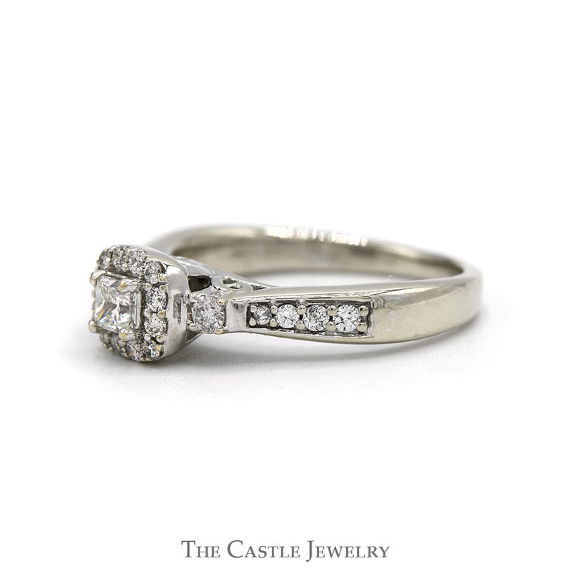 1/2cttw Princess Cut Diamond Engagement Ring with Diamond Halo and Accented Sides in 14k White Gold