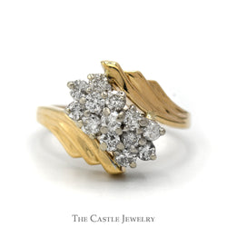 Diamond Waterfall Cluster Ring in 14k Yellow Gold Ridged Mounting