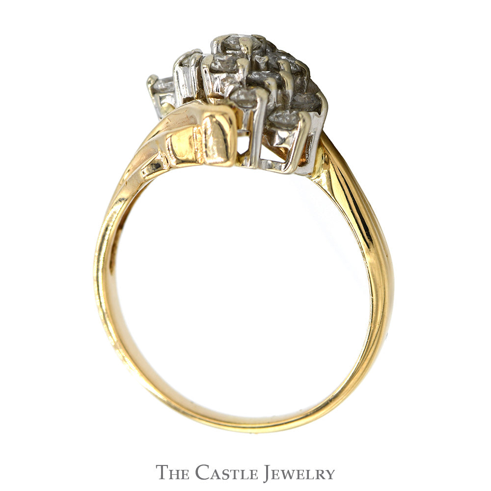 Diamond Waterfall Cluster Ring in 14k Yellow Gold Ridged Mounting