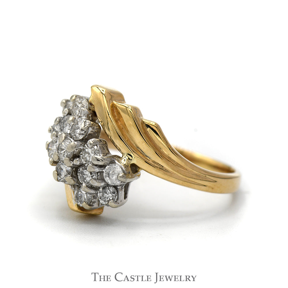 Diamond Waterfall Cluster Ring in 14k Yellow Gold Ridged Mounting