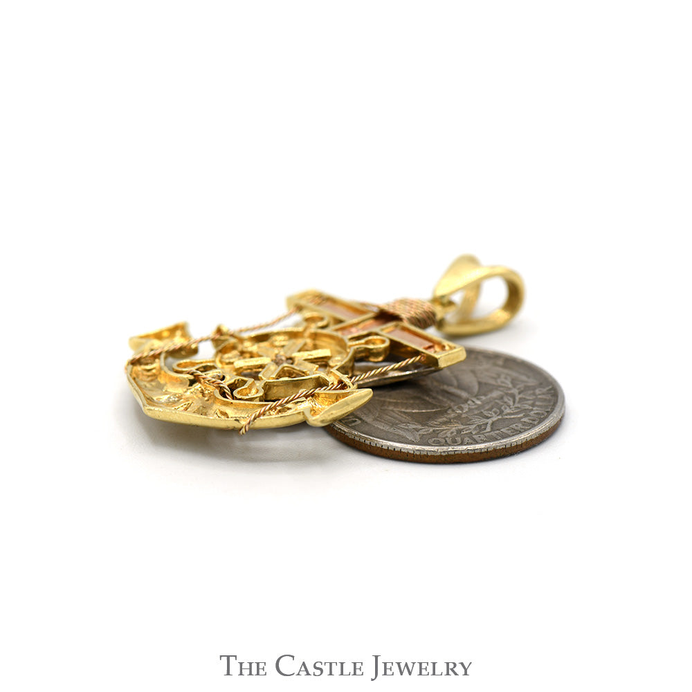 Tri-Tone Eagle & Anchor Pendant with Ruby Eye and Cubic Zirconia Accents in 14k White, Yellow & Rose Gold