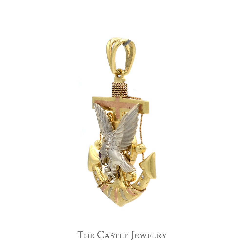 Tri-Tone Eagle & Anchor Pendant with Ruby Eye and Cubic Zirconia Accents in 14k White, Yellow & Rose Gold