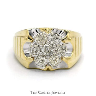 1.5cttw Round 7 Diamond Cluster Ring with Grooved Sides in 10k Yellow Gold