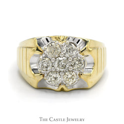 1.5cttw Round 7 Diamond Cluster Ring with Grooved Sides in 10k Yellow Gold