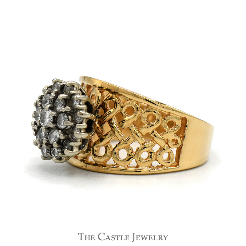 Round Shaped 3/4cttw Diamond Cluster Ring with Open Lattice Sides in 14k Yellow Gold