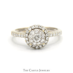 Round Diamond Cluster Engagement Ring with Diamond Halo & Accented Sides in 14k White Gold