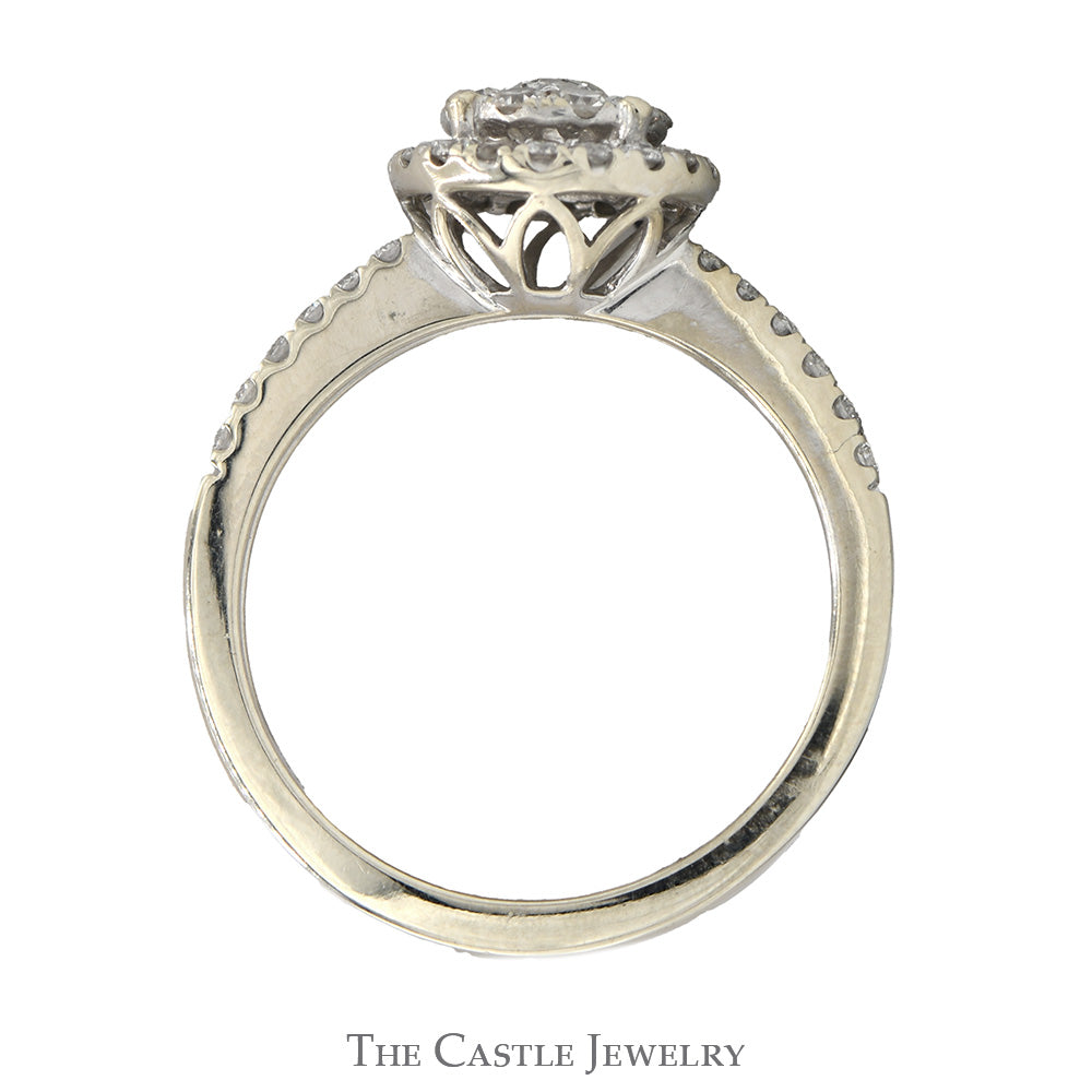 Round Diamond Cluster Engagement Ring with Diamond Halo & Accented Sides in 14k White Gold