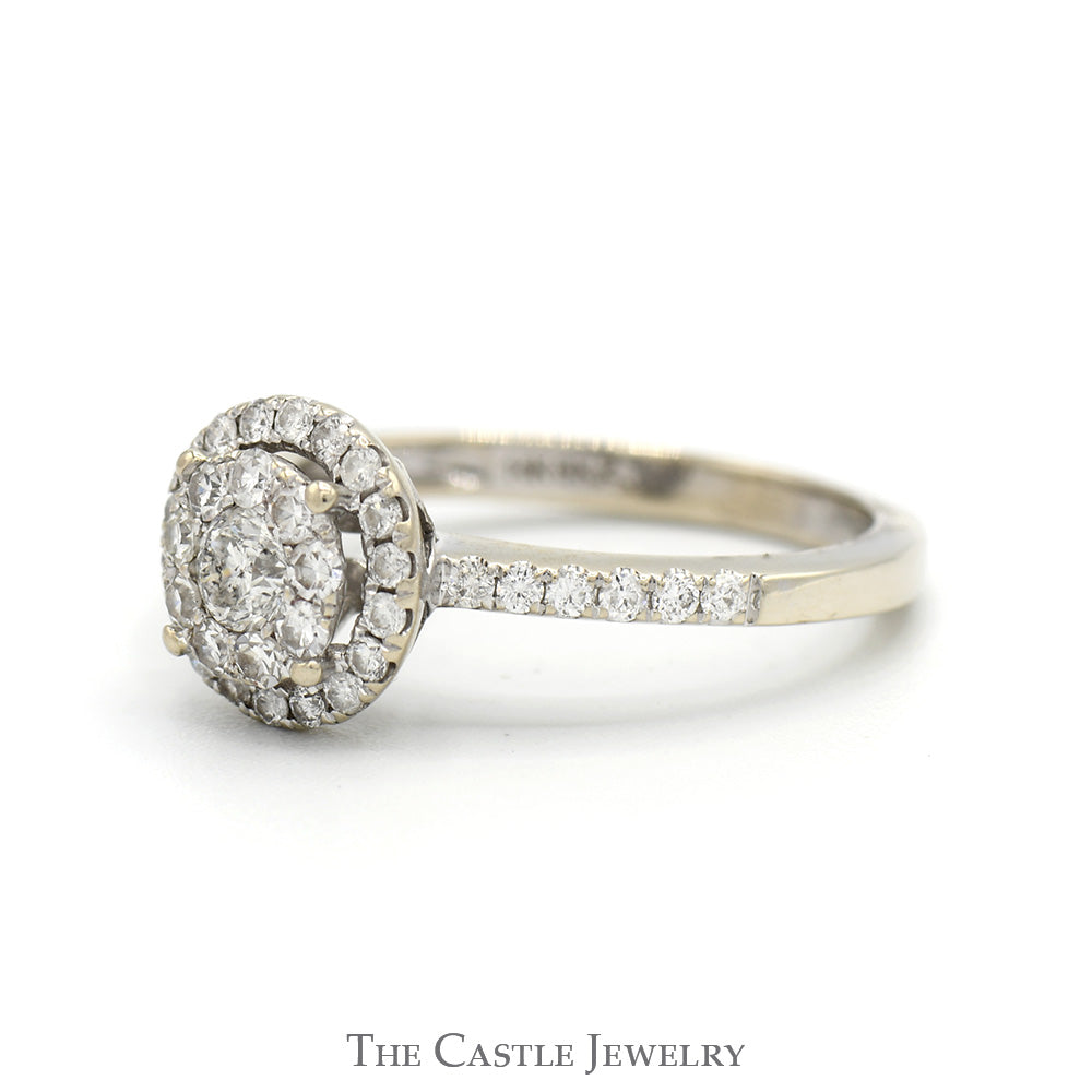 Round Diamond Cluster Engagement Ring with Diamond Halo & Accented Sides in 14k White Gold