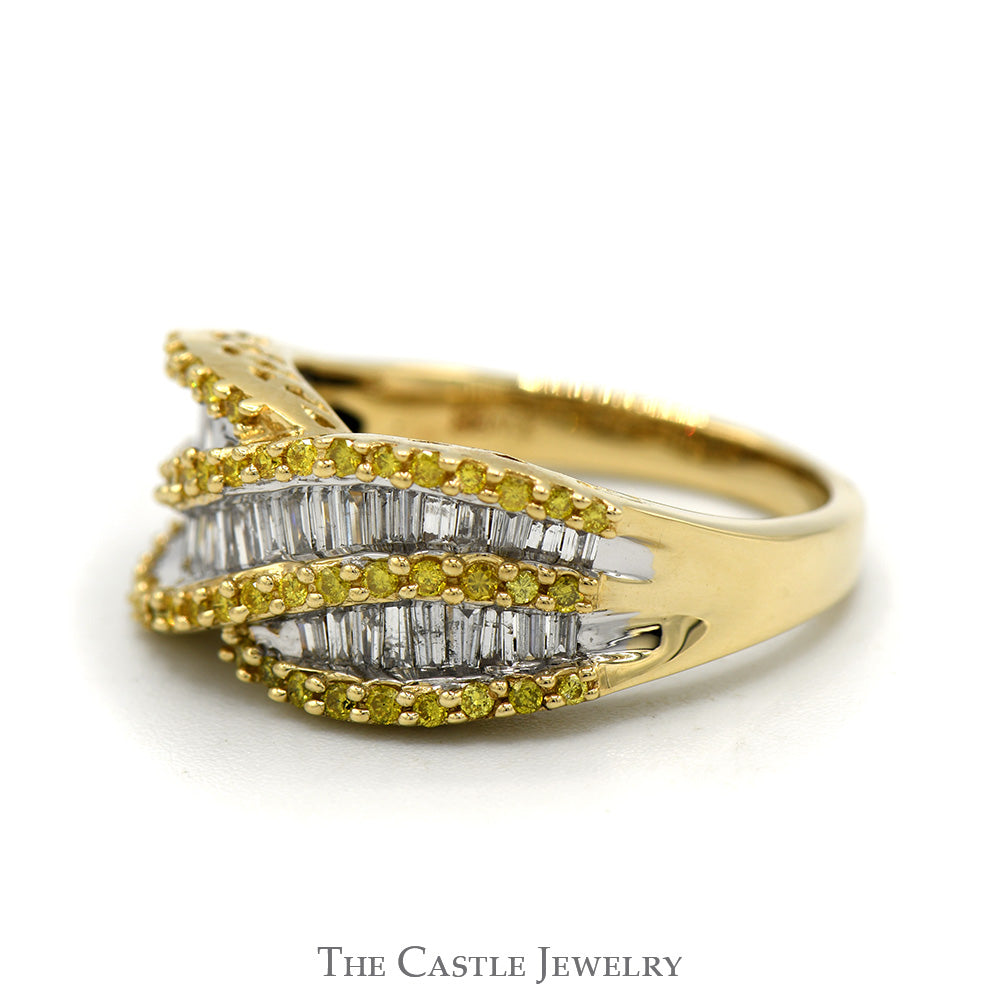 1cttw Yellow and White Diamond Cluster Band in 14k Yellow Gold