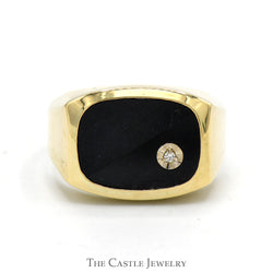 Rounded Rectangular Onyx Ring with Diamond Accent in 10k Yellow Gold