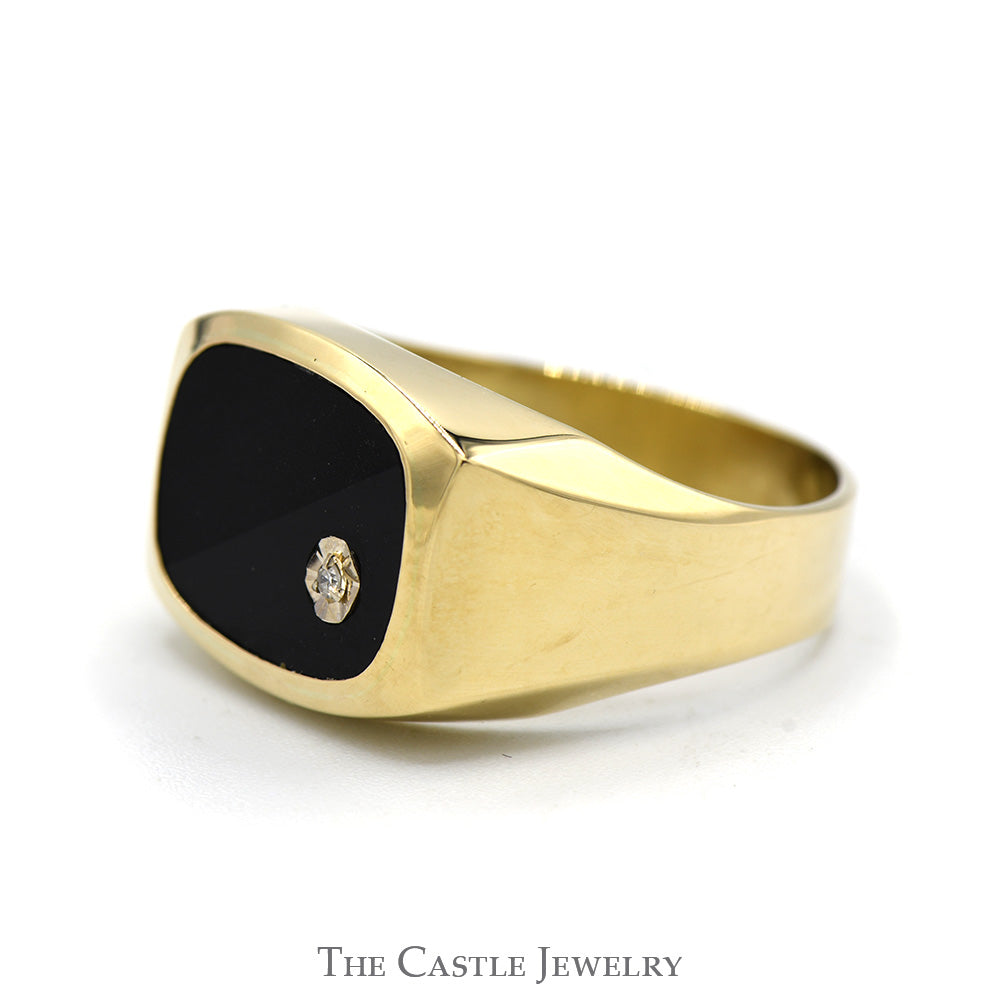 Rounded Rectangular Onyx Ring with Diamond Accent in 10k Yellow Gold