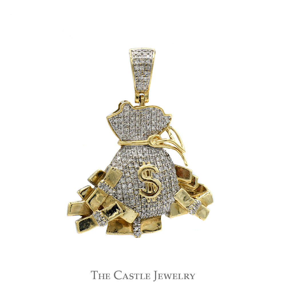 1cttw Pave Set Diamond Cluster Money Bag with "$" Pendant in 10k Yellow Gold