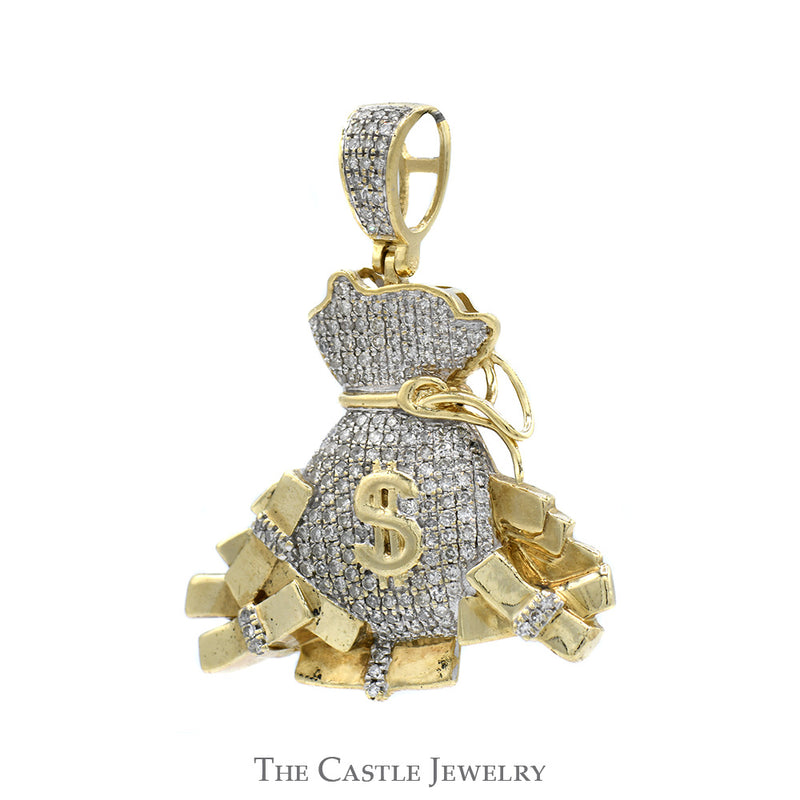 1cttw Pave Set Diamond Cluster Money Bag with "$" Pendant in 10k Yellow Gold