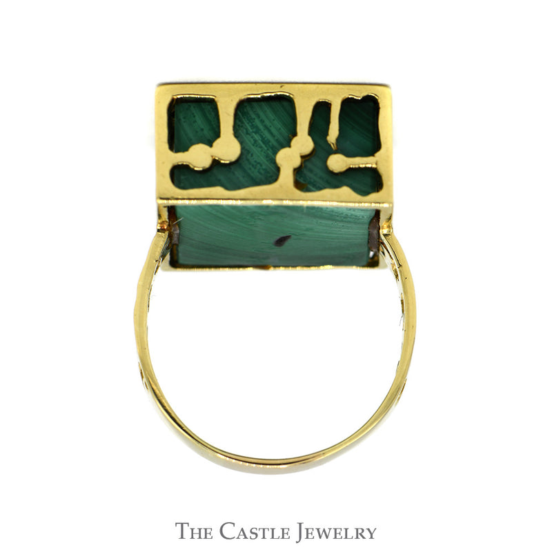 Cube Malachite Ring with Open Ornate Mounting in 14k Yellow Gold