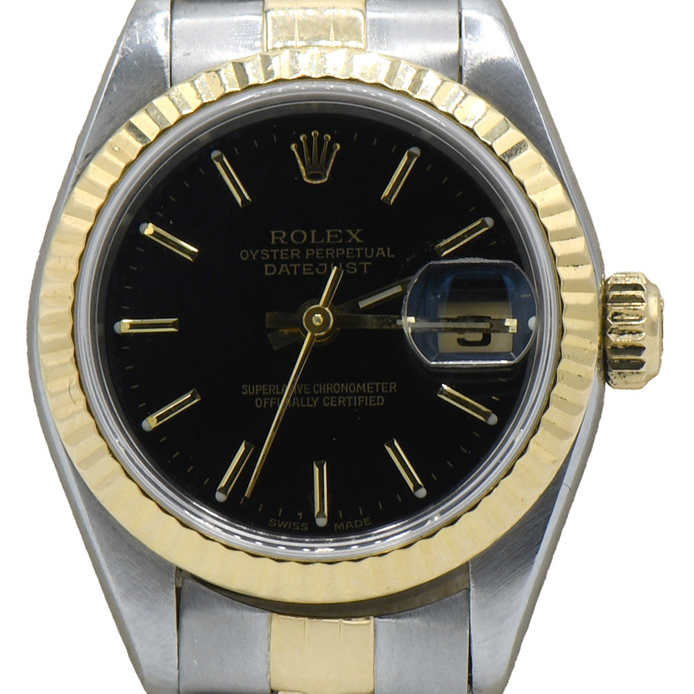 Two Tone Ladies Rolex Datejust 79173 26mm Luxury Watch with Black Dial in 18k & Stainless Steel