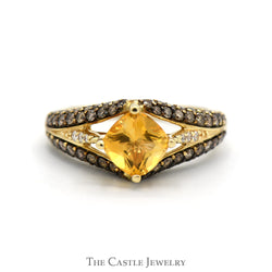 Square Citrine Le Vian Designer Ring with Chocolate & White Diamond Accented Sides in 14k Yellow Gold