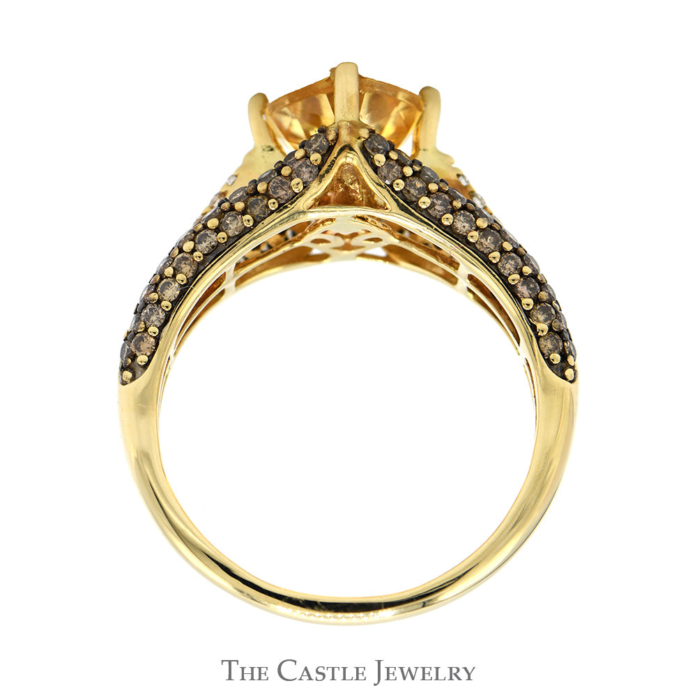 Square Citrine Le Vian Designer Ring with Chocolate & White Diamond Accented Sides in 14k Yellow Gold