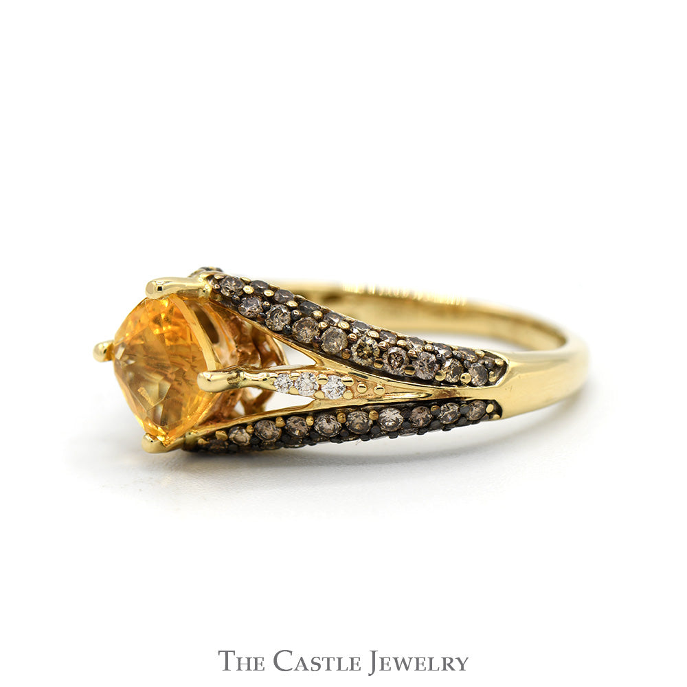 Square Citrine Le Vian Designer Ring with Chocolate & White Diamond Accented Sides in 14k Yellow Gold