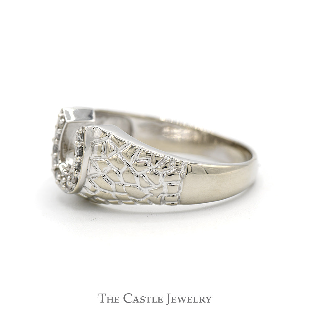 1/4cttw Round Diamond Horseshoe Ring with Textured Nugget Sides in 10k White Gold