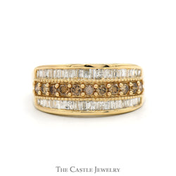 1cttw Cocoa Diamond Band with Baguette Cut Diamond Edges in 10k Yellow Gold