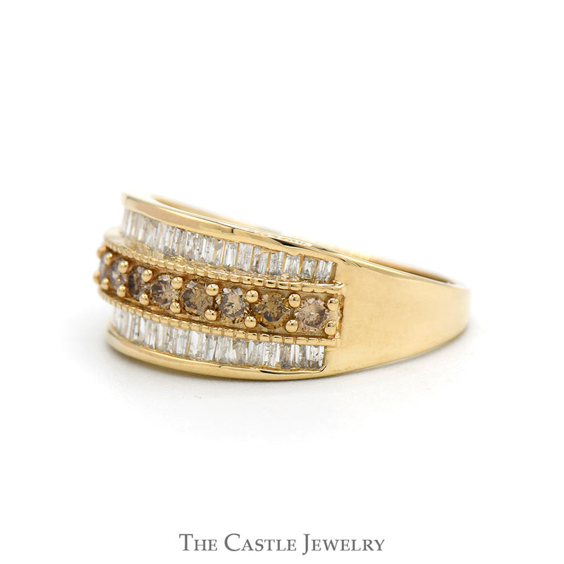 1cttw Cocoa Diamond Band with Baguette Cut Diamond Edges in 10k Yellow Gold