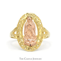 Two Toned Mother Mary Ring with Intricate Detail in 14k Rose & Yellow Gold