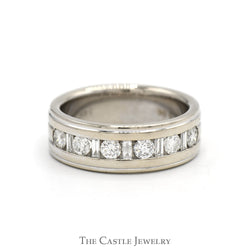 Alternating Round & Baguette Cut Diamond Men's Wedding Band in 14k White Gold